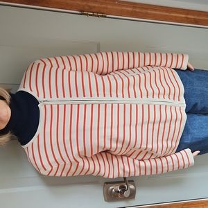 Talbots, Woman's Sz M Cream & Orange Stripe Zip Sweater w Panel below +2 Pockets